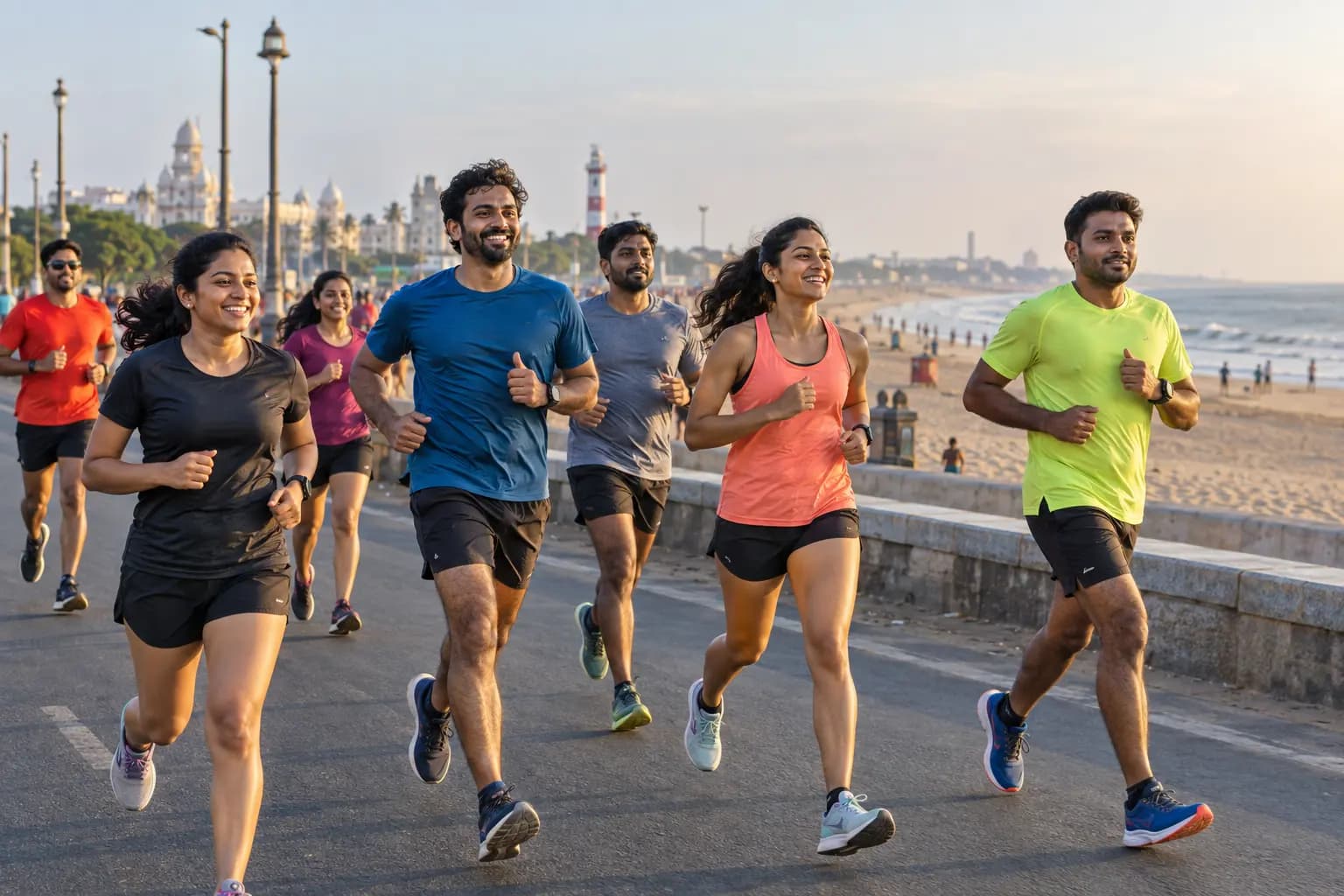 Indian runners on a Chennai coastal road