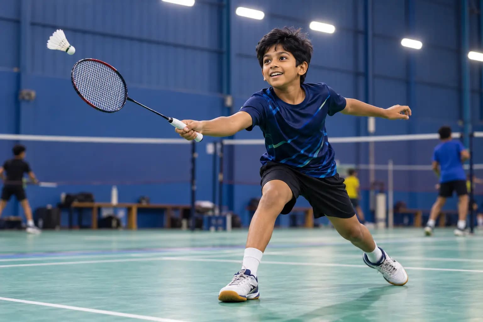 Indian child playing badminton with face visible on an indoor court