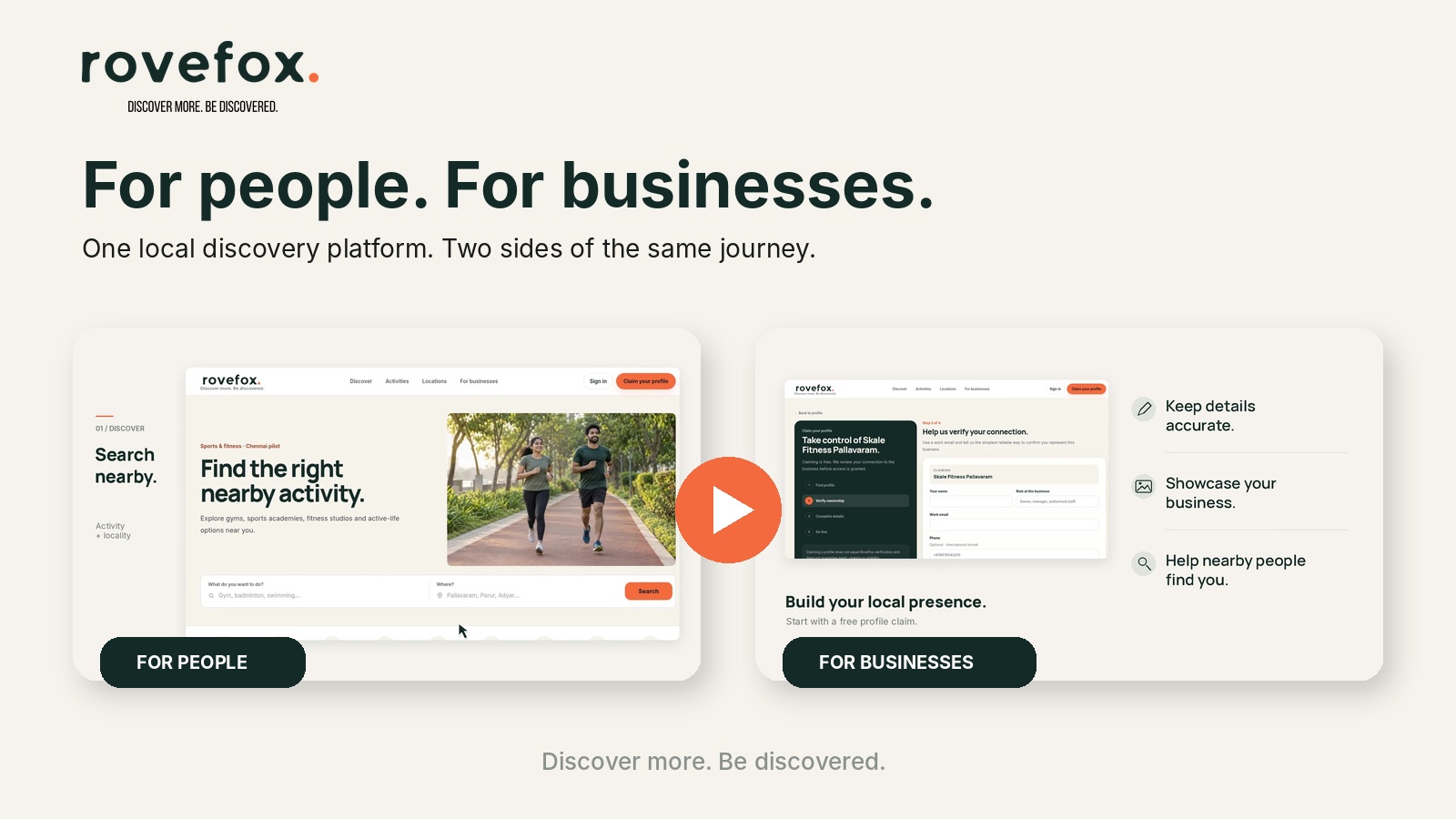 RoveFox for people and businesses: discover nearby activities and build your local presence